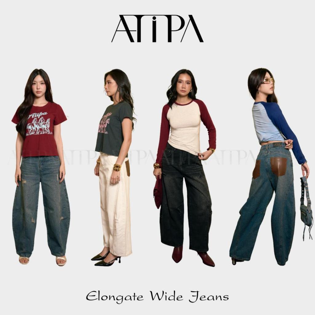 ATIPA - Elongate Wide Jeans (#A056) | กางเกงยีนส์ ทรงกระบอกใหญ่ ดีเทลกระเป๋าหนัง ทรงบาเรียล