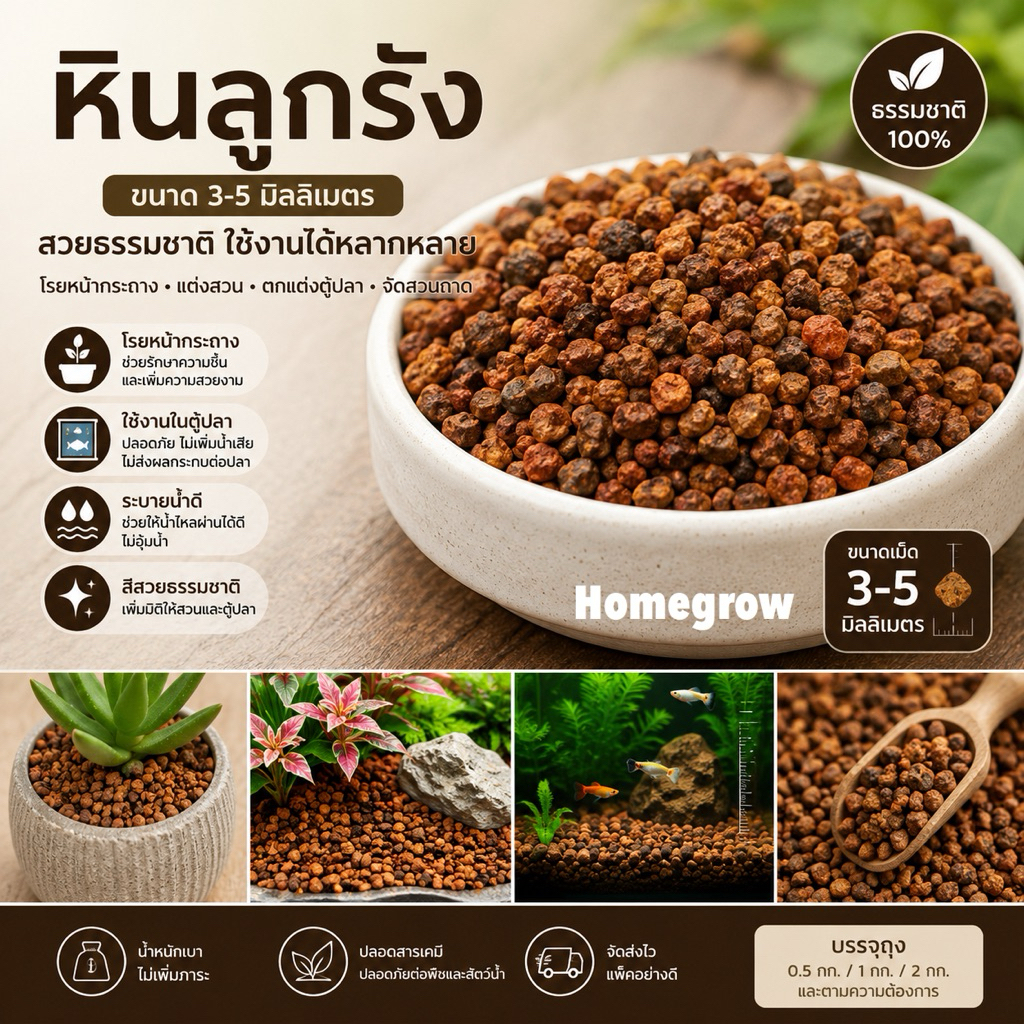 หินลูกรัง (มีให้เลือก 3 ขนาด: 1-3 มม. และ 3-5 มม.) - สำหรับโรยหน้ากระถาง ตกแต่งสวน จัดสวนถาด และตู้ปลา