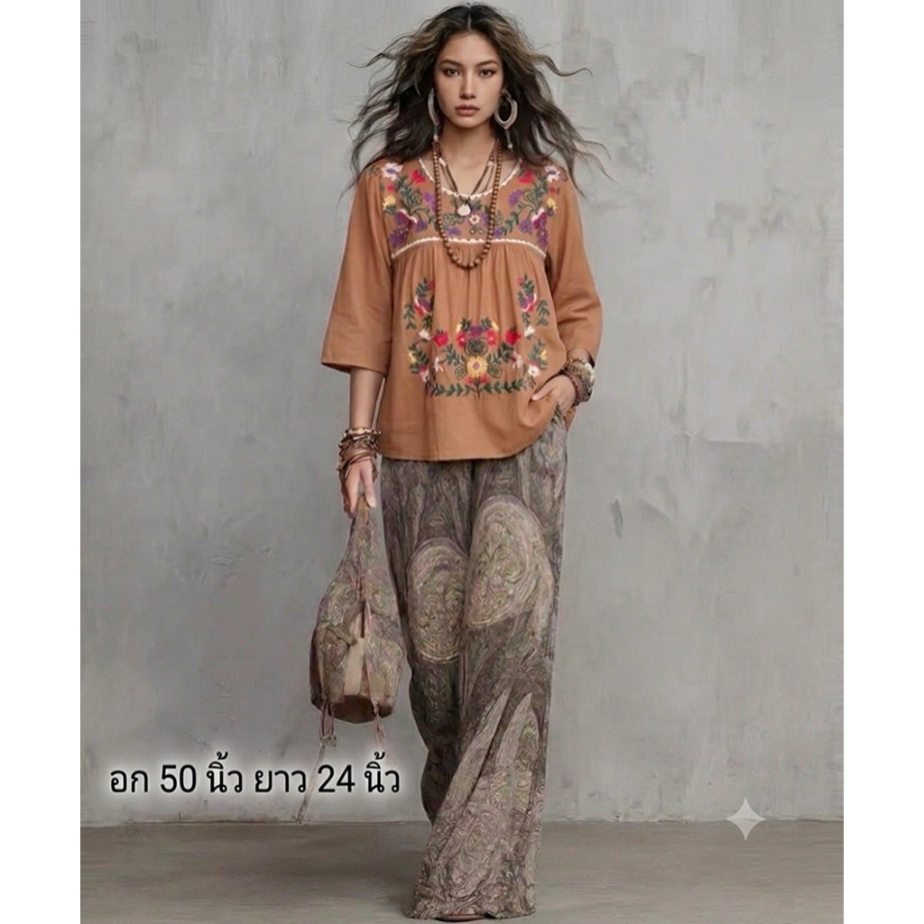 ส่งฟรี เสื้อปัก Nudyda ผ้าสปัน ผ้าสปัน งานปักแท้ๆ อกหน้าผ้า 44-50" ยาว 23-24" (ขนาดจะเขียนไว้ที่ด่านล่างของรูปค่ะ)