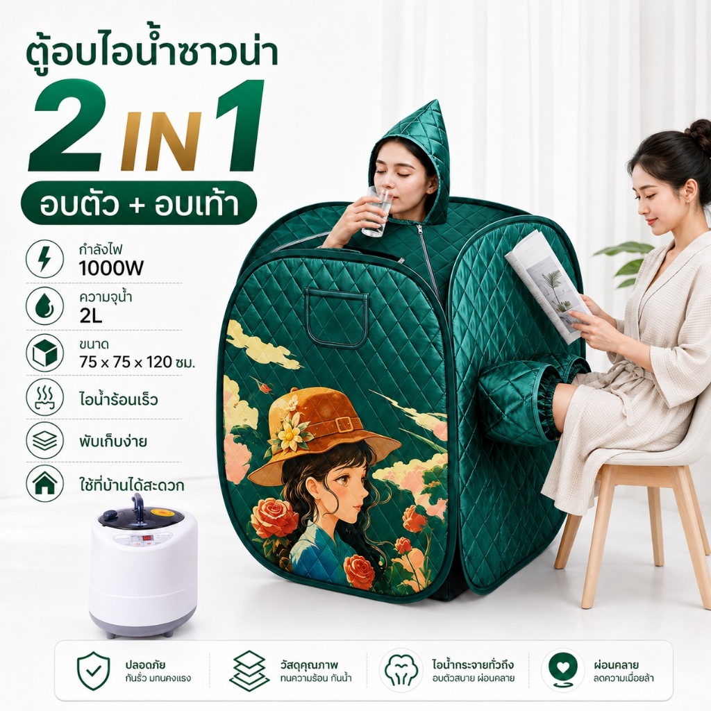 ตู้อบไอน้ำซาวน่า 2IN1 1000W ปลอดภัย ตัดไฟอัตโนมัติ หม้อต้มสแตนเลส304 อบตัว+อบเท้า ใช้ในบ้าน