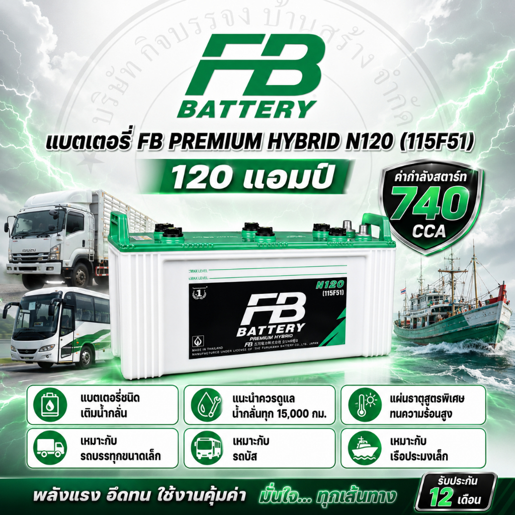 แบตเตอร์รี่ FB PREMIUM HYBRID N120 [115F51][120 แอมป์] [ต้องนำไปเติมน้ำกรดเอง]