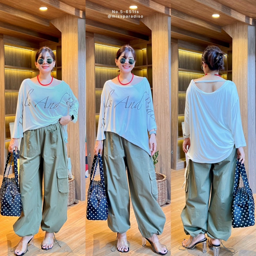 5-651TS เสื้อปาดไหล่ขาวคาดคอสกรีนอักษร
