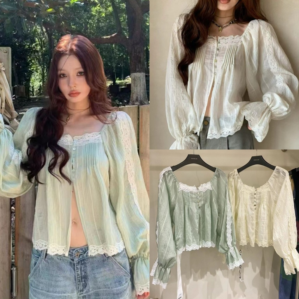 ❤ 🧵 🇰🇷 C90749 เสื้อแขนยาวที่น่ารักแบบ 300%! ✨ ผ้าพริ้วๆ แต่งลูกไม้รอบตัวกับปลายแขนกระดิ่ง แฟชั่นเกาหลี TAG CUI  ✈