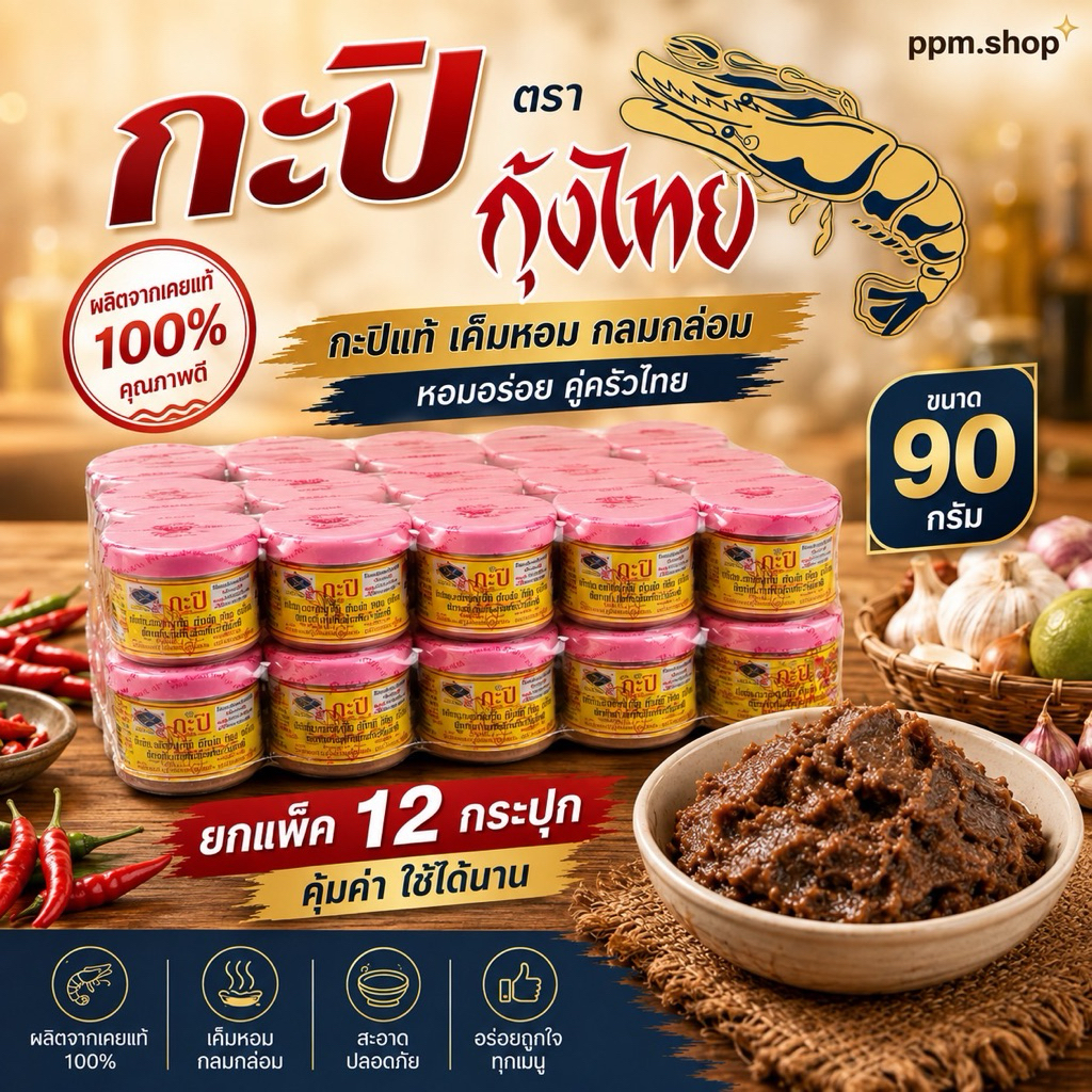 กะปิ กุ้งไทย ยกแพ็ค ขนาด 90กรัม (12กระปุก)