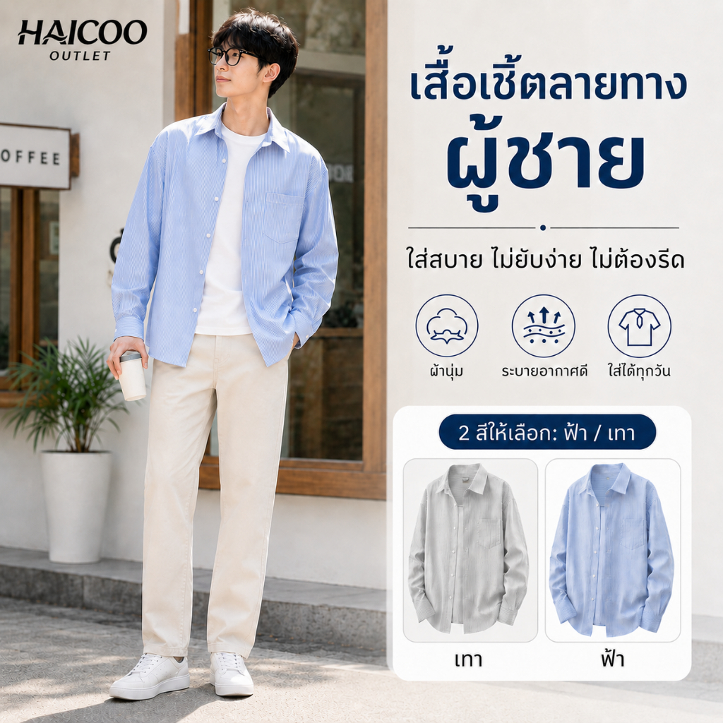 HAICOO เสื้อเชิ้ตลายทาง สไตล์เกาหลี ทรงสวยพรางหุ่น ผ้านุ่มใส่เย็น ระบายอากาศ ไม่ต้องรีด ใส่เที่ยว