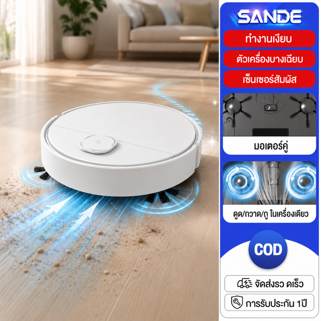 SANDE 【รับประกัน 5 ปี】หุ่นยนต์ดูดฝุ่น กวาด ดูด ถู 3 in 1 แบตอึดทนมาก เครื่องดูดฝุ่นหุ่นยนต์ Robot Vacuum Cleaner