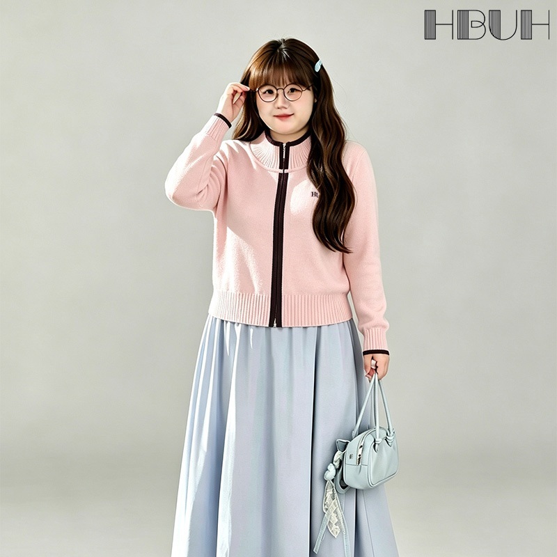 เสื้อไหมพรมผู้หญิงไซซ์ใหญ่ แขนยาว ซิปหน้าFashion คอตั้งสีชมพู ทรงช่วยพรางหุ่น เหมาะสำหรับใส่คลุมแบบลำลอง ใส่ได้ถึง 80 กก