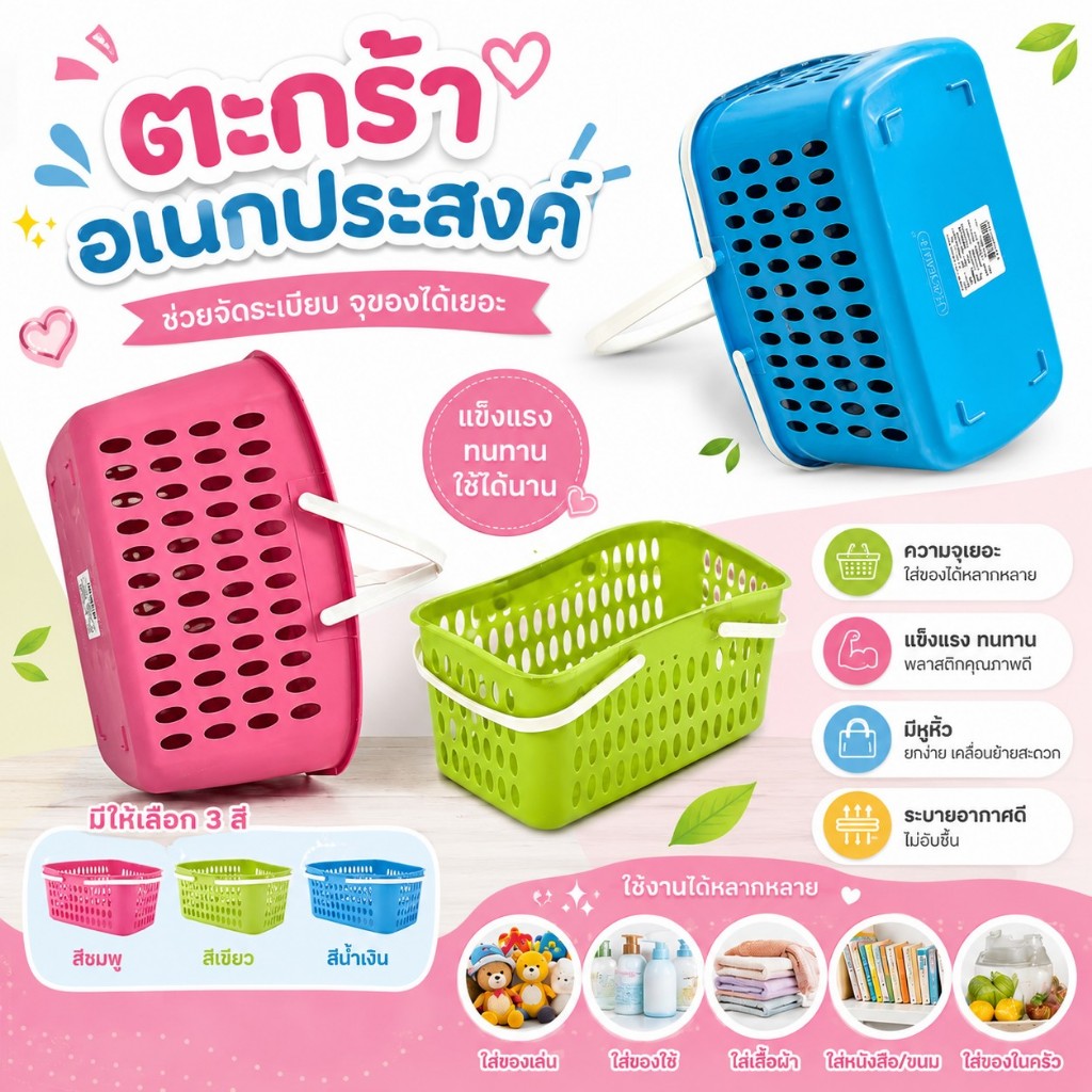 PB-118 ตะกร้าสี่เหลี่ยมผืนผ้า มีหูหิ้ว Winny Basker ( พร้อมส่ง )