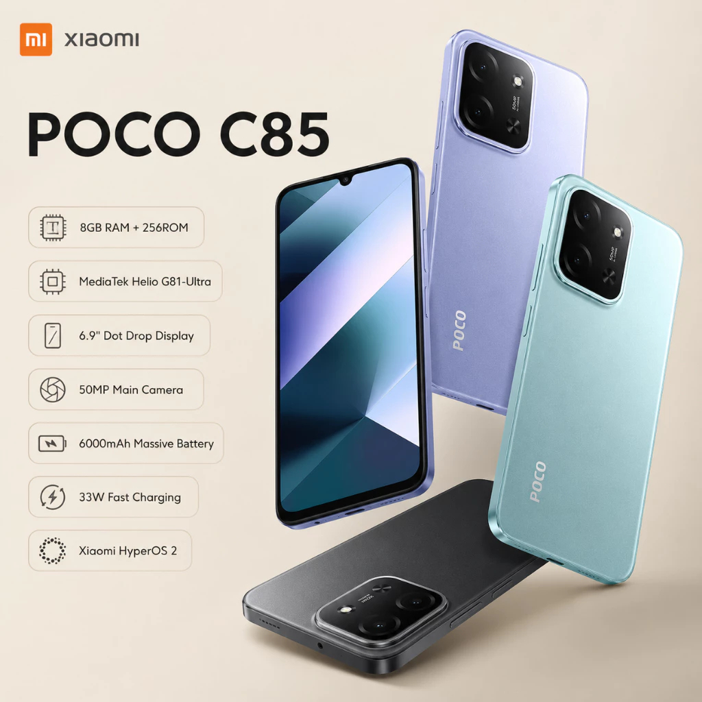 POCO C85 5G (8GB+256GB) สมาร์ทโฟน จอใหญ่ 6.9 นิ้ว 120Hz กล้อง AI 50MP+8MP แบตเตอรี่ 6000mAh