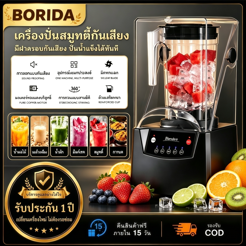 【BORIDA】เครื่องปั่นสมูทตี้ เครื่องปั่นน้ำผลไม้ บดน้ำแข็ง เครื่องปั่นอเนกประสงค์ 2L 2600W ใบมีด 6 แฉก พร้อมฝาครอบกันเสียง