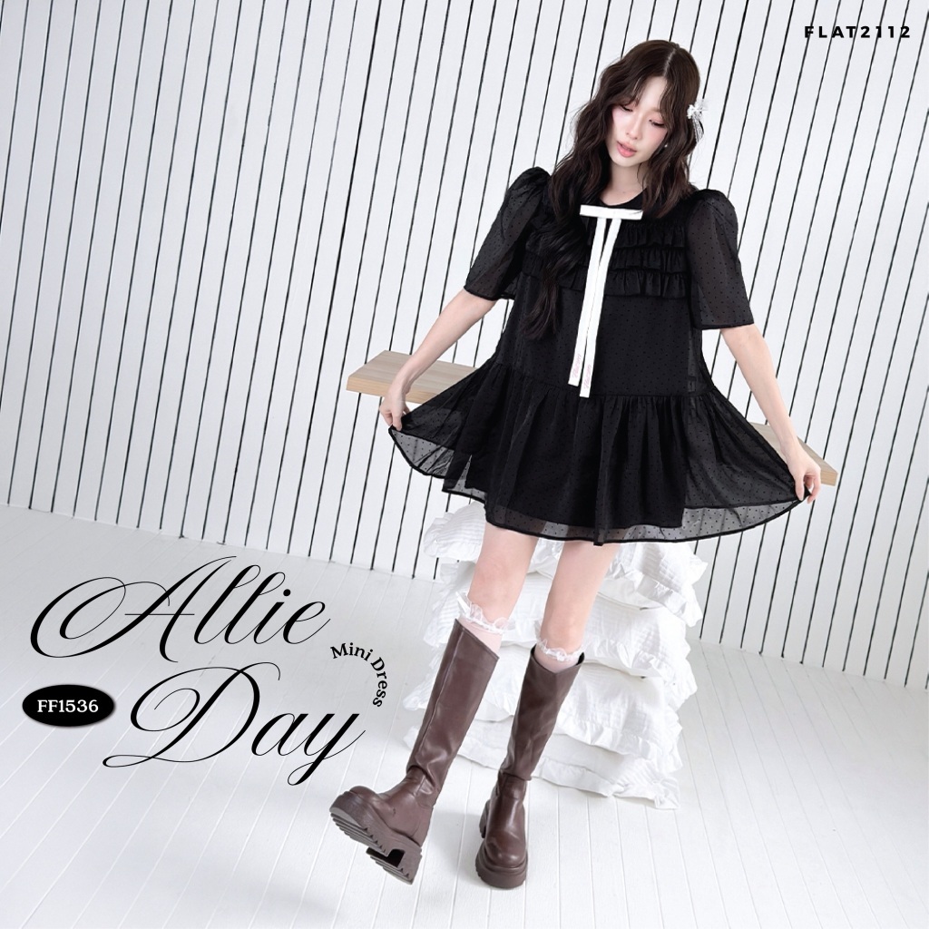 FLAT2112 : ALLIE DAY MINI DRESS เดรสสีดำลายจุด สไตล์เกาหลี เดรสสั้นน่ารัก ชุดเดรสสั้นสีดำ ลาย Polka Dot (FF1536)