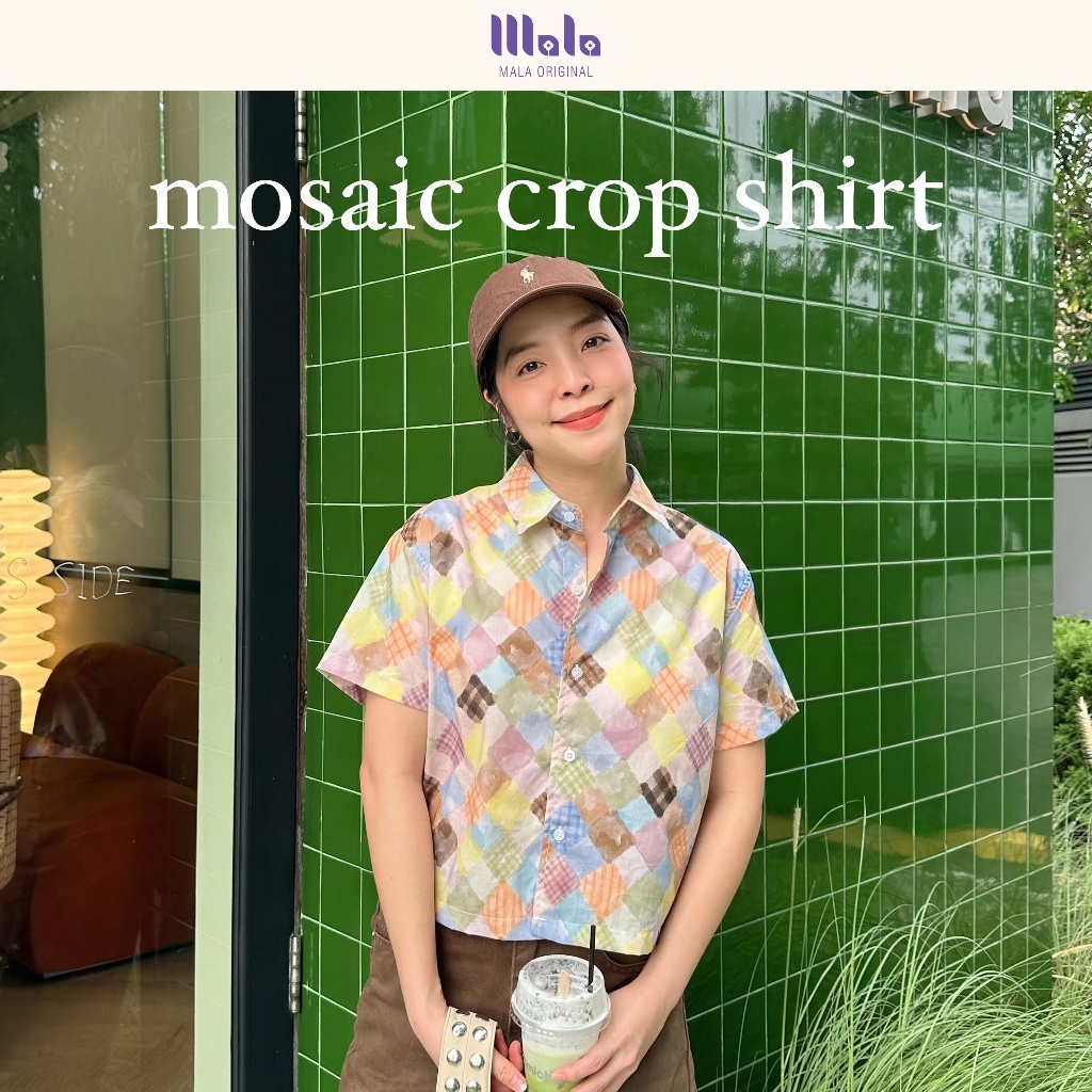 MalaOriginal |【New】Mosaic Crop Shirt 🍪 เสื้อเชิ้ตครอป แขนสั้น ลายผ้าต่อสไตล์ Mosaic Patchwork