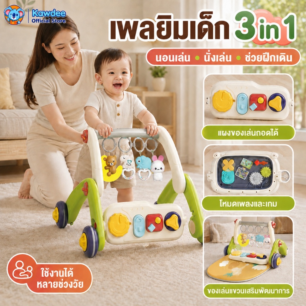 kawdee เพลยิม รถหัดเดินเด็ก ของเล่นเด็ก 3 in 1 เปียโนไฟฟ้า รถหัดเดิน ปรับระดับได้ พร้อมเสียงและไฟ เสริมพัฒนาการ
