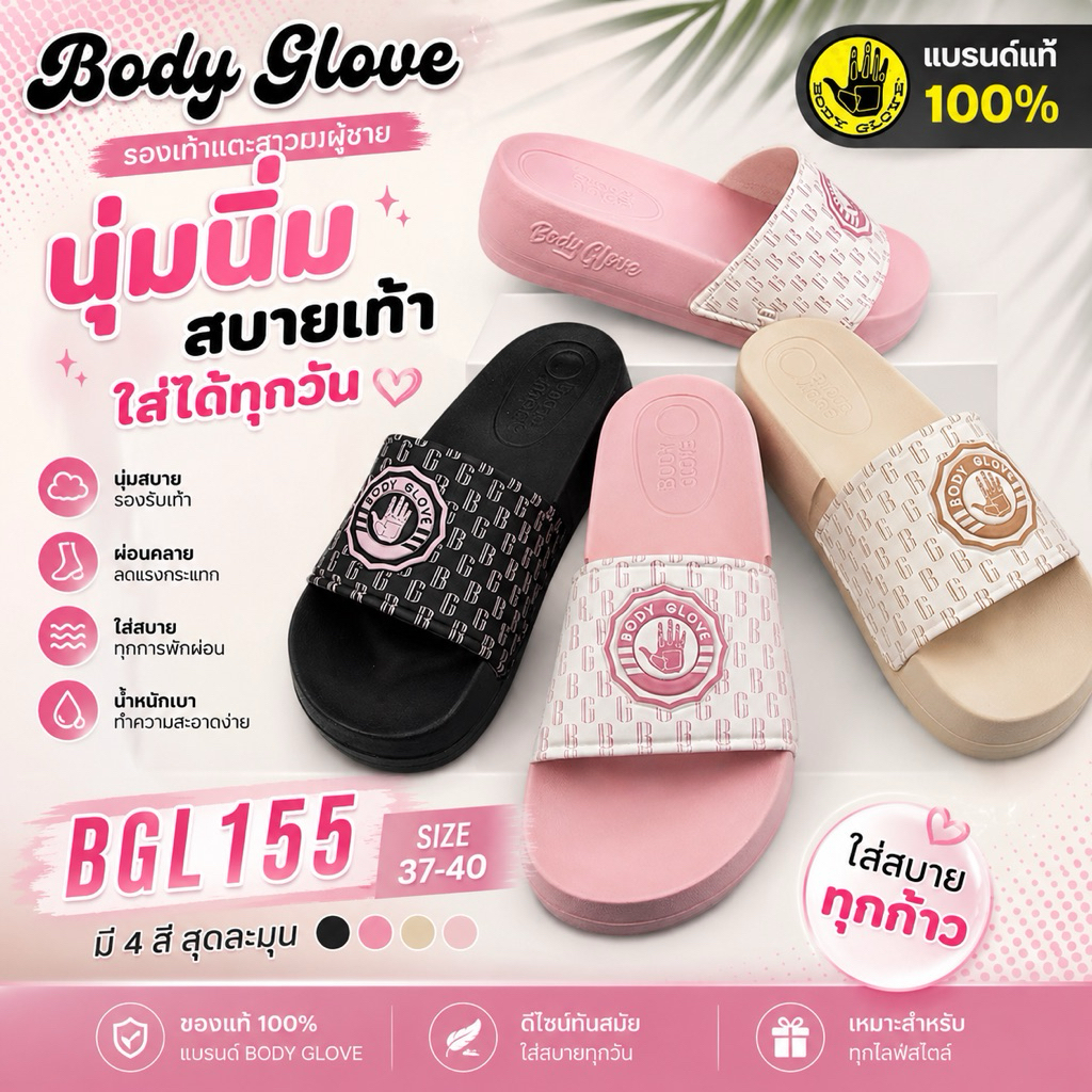 พร้อมส่ง BODY GLOVE รองเท้าแตะสตรี รุ่น BGL155 ของแท้ 100% พื้นสูง 4 ซม. น้ำหนักเบา ใส่สบาย ลุยน้ำได้ ไซซ์ 37-40