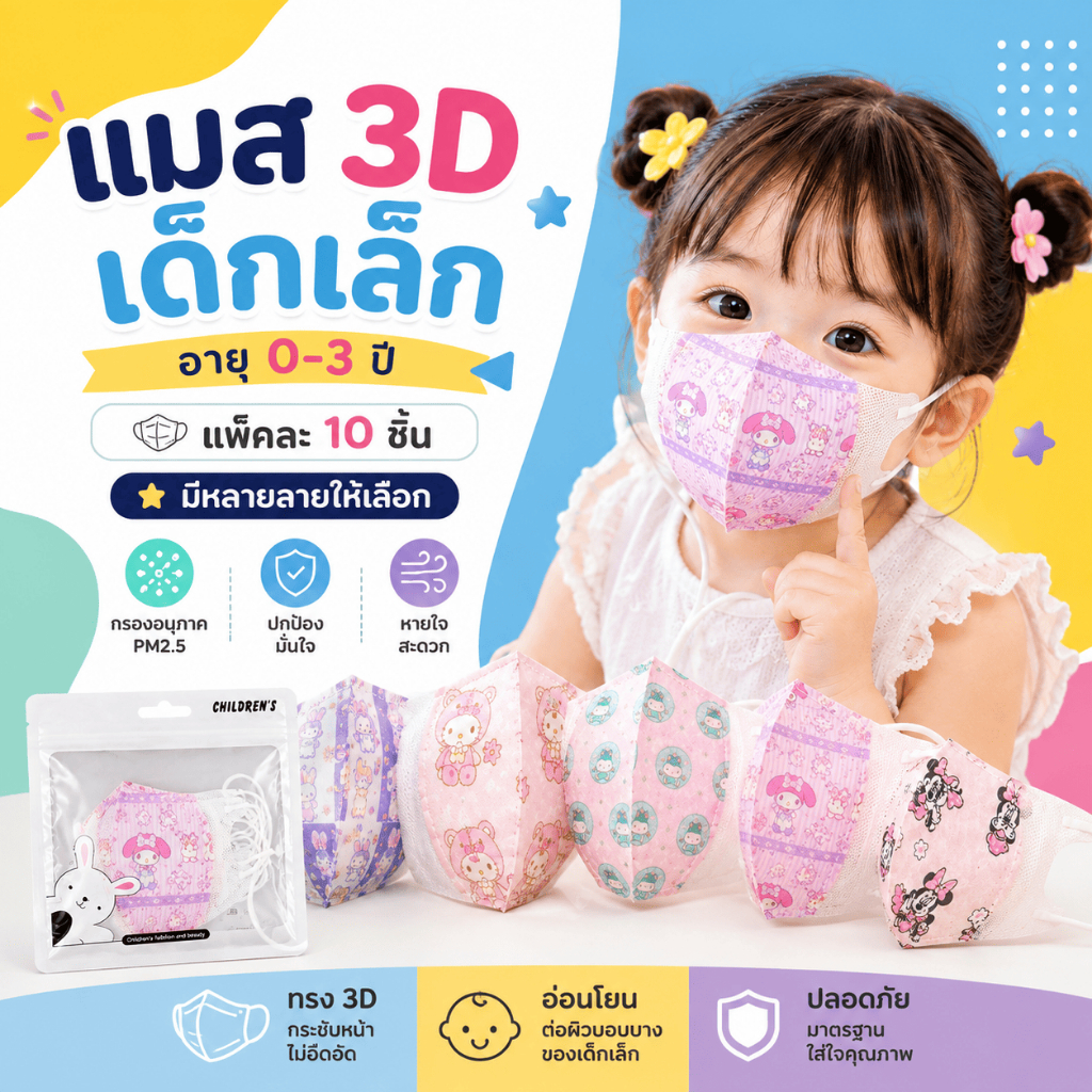 3Dเด็กเล็ก อายุ 0-3ปี ลายการ์ตูน 1แพค10ชิ้น สินค้าส่งจากกรุงเทพฯ
