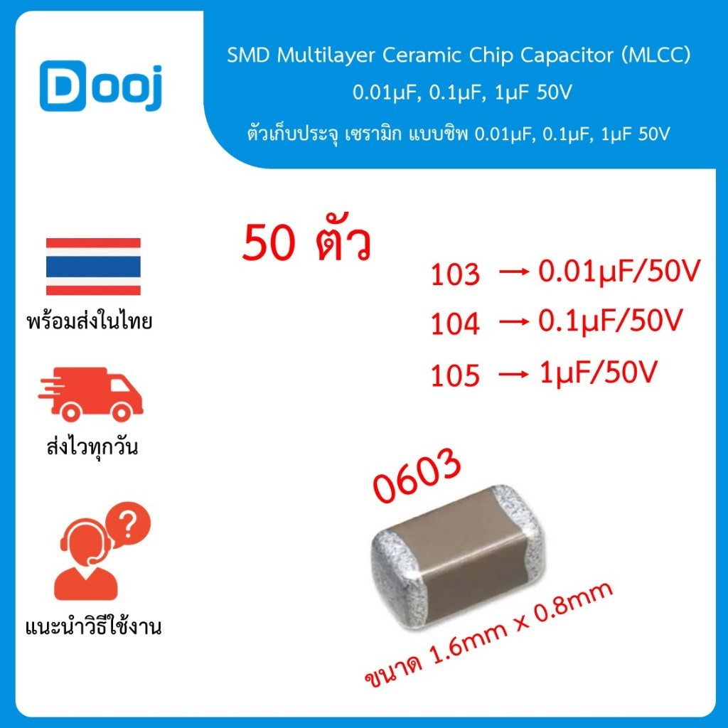 [พร้อมส่งในไทย] ตัวเก็บประจุ SMD MLCC 0603 0.1µF/50V, 1µF/50V