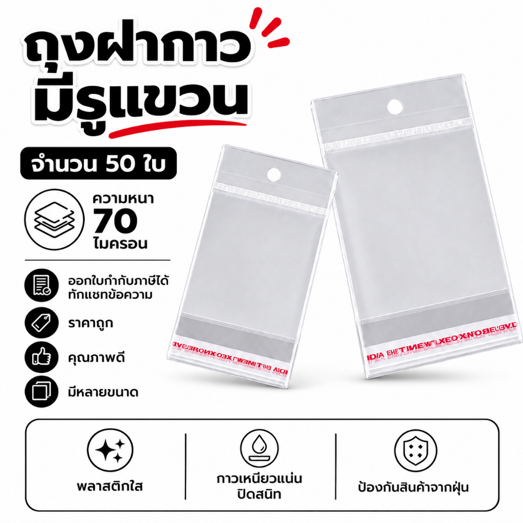พร้อมส่ง ถุงพลาสติก ถุงฝากาวมีรูแขวน 50 ใบ
