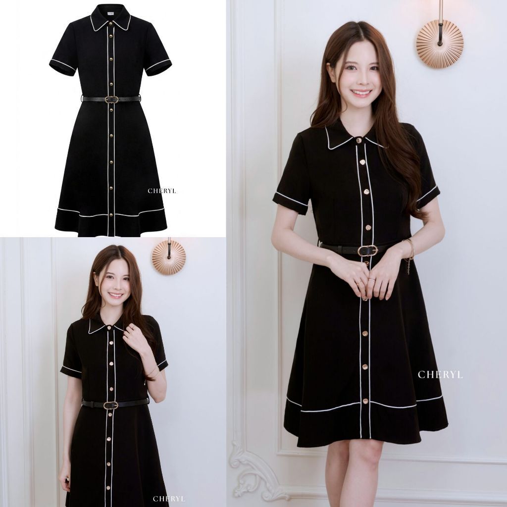 Cheryl brand - Nyla Mini Shirt Dress in Black with contrast piping / เดรสสั้น สีดำคอปกเชิ๊ต กระดุมหน้า
