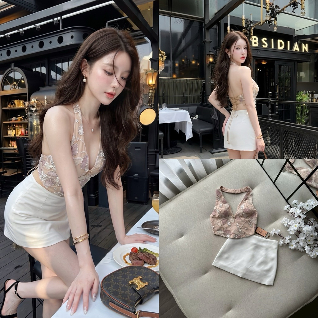 PN เซต 2 ชิ้น เสื้อครอปคล้องคอ + กระโปรงสั้นสีขาว
