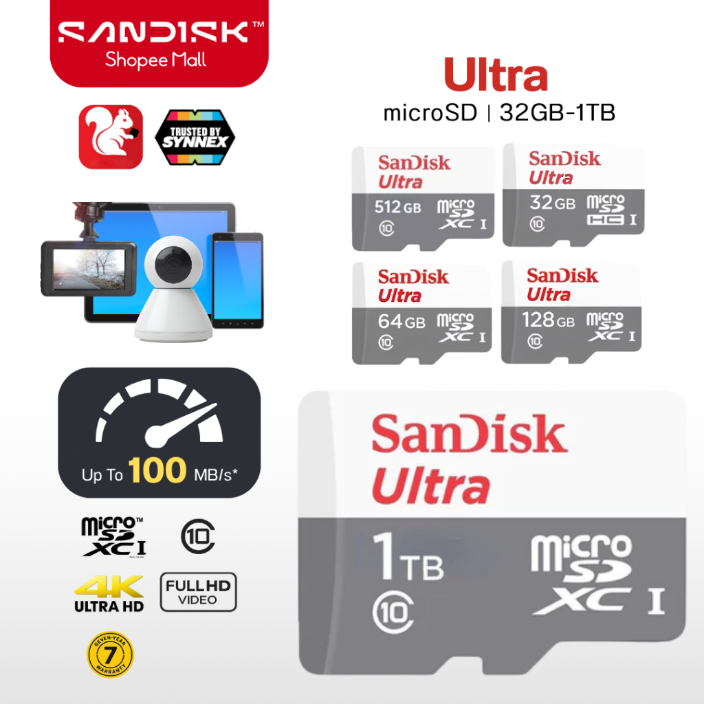 แท้100% Sandisk Micro SD Card Class10 32GB 64GB 128GB 256GB 512GB 1T โทรศัพท์ มือถือ กล้องติดรถยนต์ กล้องวงจรปิด