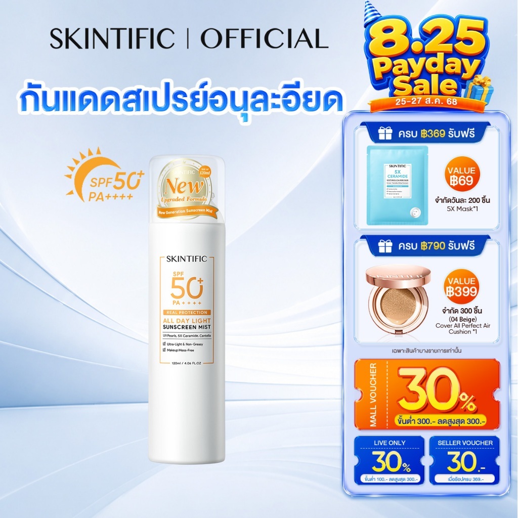 SKINTIFIC All Day Light Sunscreen Mist SPF50+ PA++++ กันแดดสเปรย์ บางเบา กันน้ำ คุมมัน