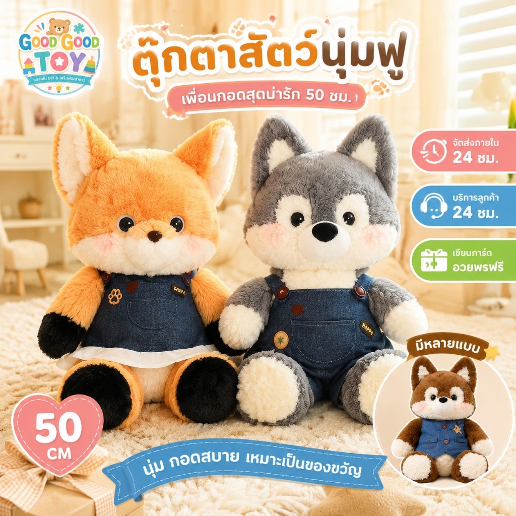 ตุ๊กตาสัตว์ขนนุ่ม 50 ซม. ลายลูกสุนัข สุนัขจิ้งจอกและหมาป่า นุ่มฟูน่ากอด สำหรับกอดเล่น ตกแต่งห้องและของขวัญวันเกิด