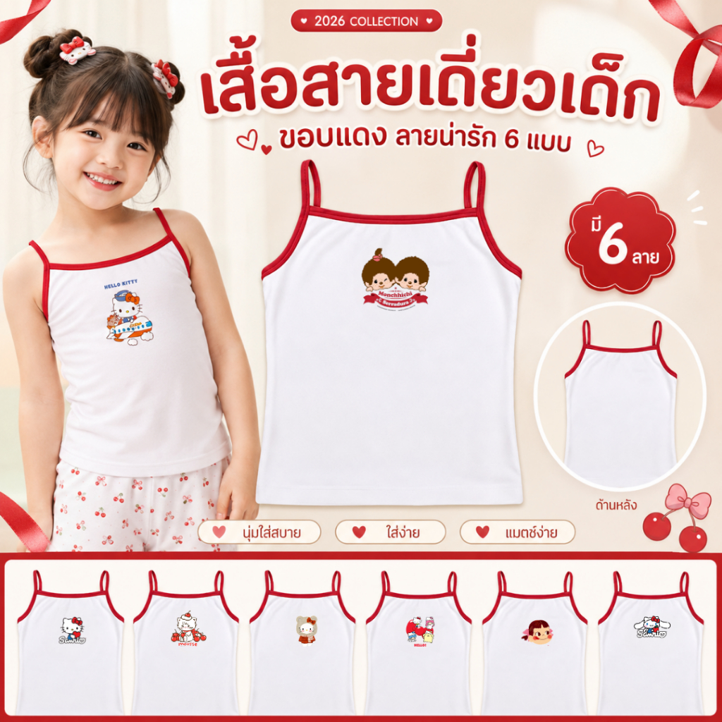 เสื้อสายเดี่ยว สายเดี่ยวเด็กสีขาวแต่งขอบ ผ้ายืดนิ่มพิเศษ ทรงสวย ลายการ์ตูนน่ารัก 10-50กิโล ขอบแดง