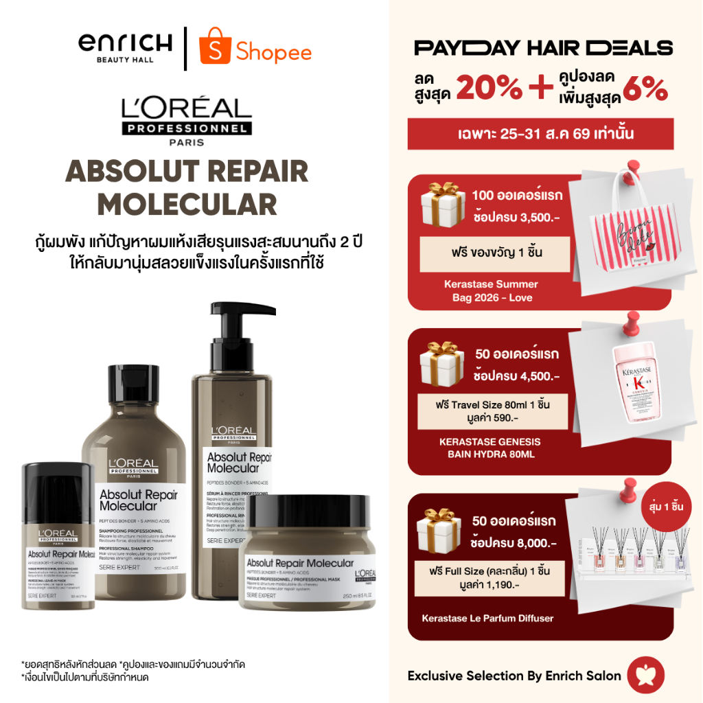 L'Oreal ABSOLUT REPAIR MOLECULAR แชมพู มาส์ก ออยล์ ฟื้นฟูผมเสียจากเคมีซ้ำซ้อน ผมแห้งเสียมาก