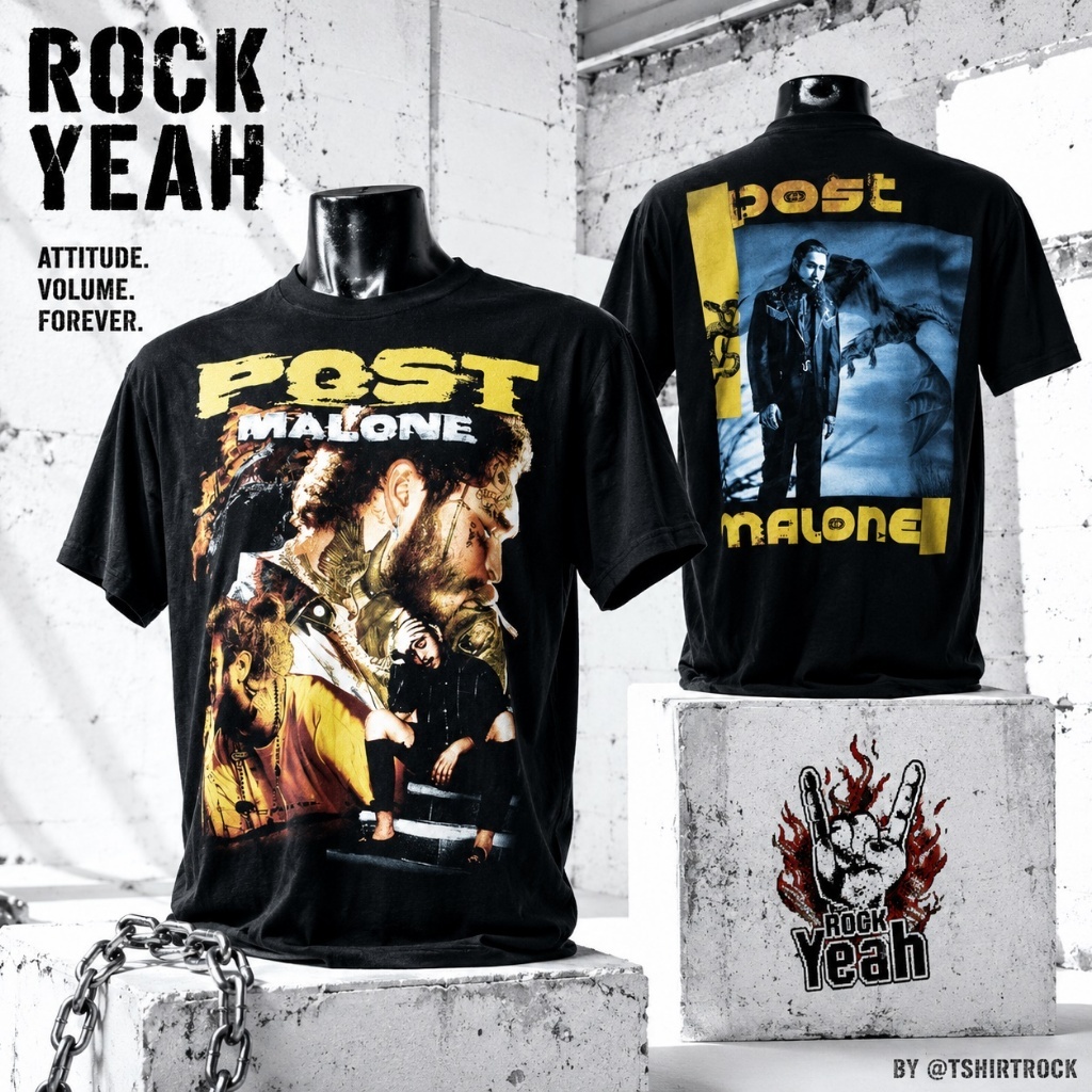 เสื้อยืด Post Malone ลาย เสื้อศิลปิน กราฟิกคอลลาจและมังกร เสื้อแร็ปเปอร์ Graphic สีดำ PME1833