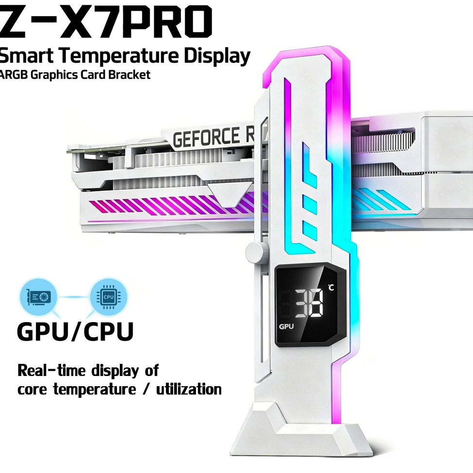 PowerTrain Z-X7 ขาค้ำการ์ดจอ สีดำ ไฟ ARGB จอแสดงอุณหภูมิ CPU/GPU Temp Holder White