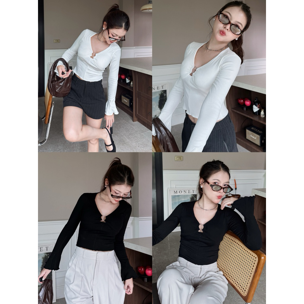 M40-เสื้อครอปแขนยาวผู้หญิง คอเว้าหน้า ดีเทลห่วงกลาง ผ้านิ่มเข้ารูป สไตล์เกาหลี มินิมอล