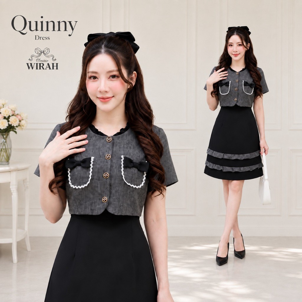 DW518 Quinny Dressชุดเดรสสั้งทรงเข้ารูป กั๊กผ้าทอท็อปดายทวีด (Top Dyed Tweed) คอเสื้อแต่งระบายผ้าพื้น