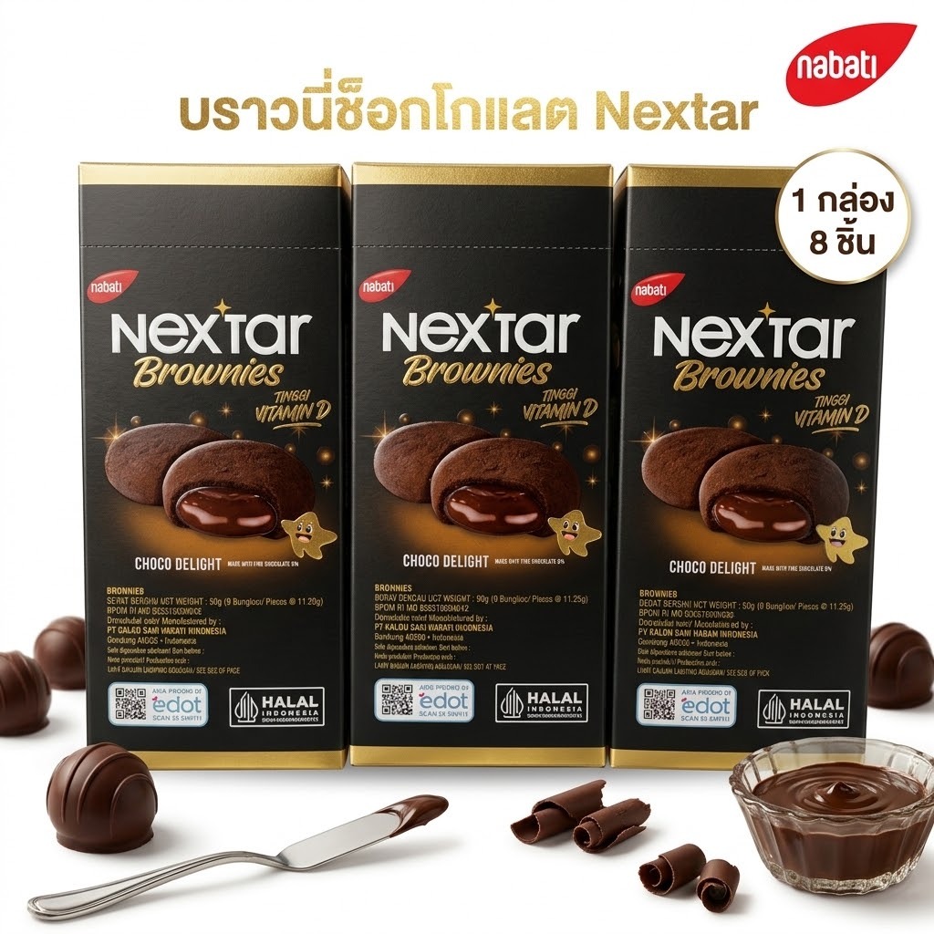 บราวนี่ ช๊อกโกแลต คุกกี้ Nextar ช็อกโกแลตเข้นข้น นำเข้าจากอินโดนีเซีย 1 กล่อง 8 ชิ้น