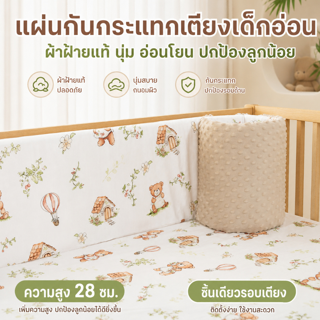 ราวกันกระแทกเตียงเด็ก กันชนเตียงเด็ก Crib Bumper พับได้ 2 ด้าน นุ่มหนา ระบายอากาศ ซักได้