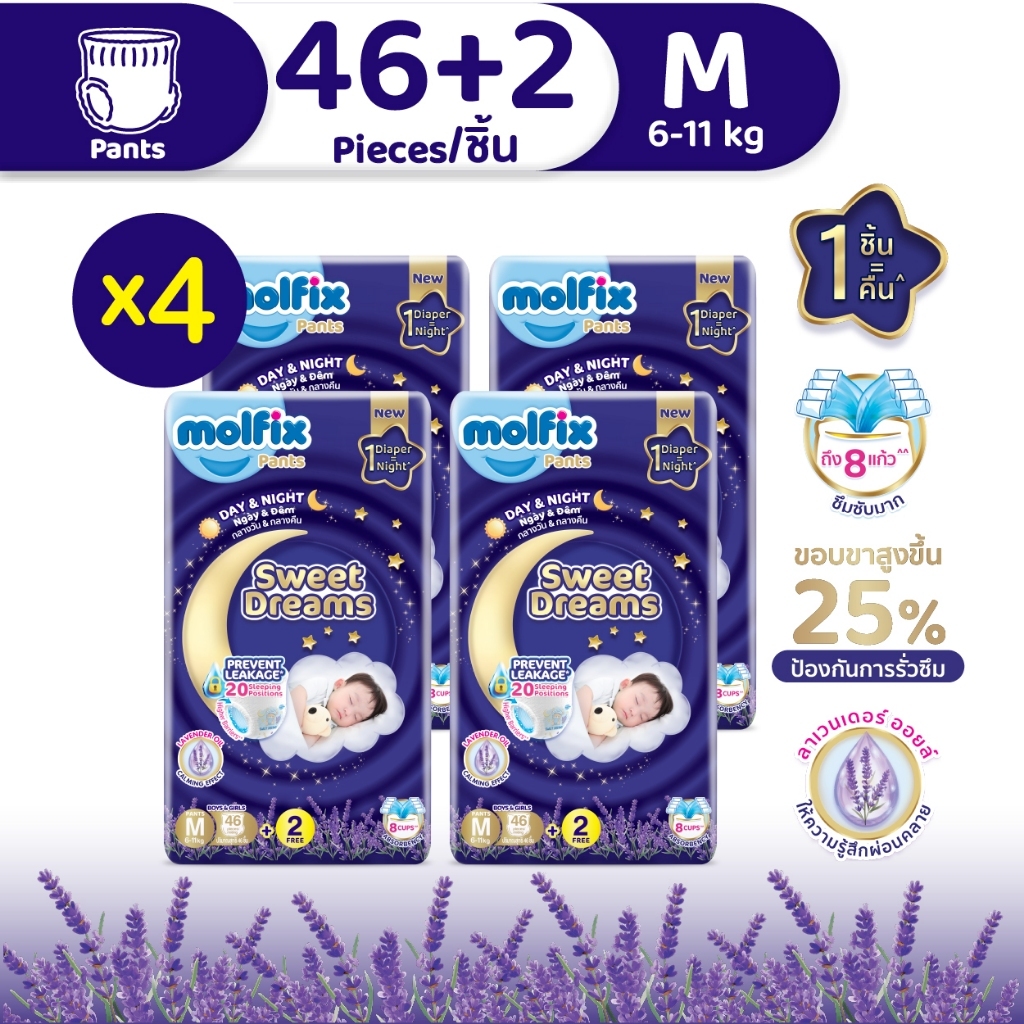 [ใหม่ ยกลังรวม 192 ชิ้น] Molfix กางเกงผ้าอ้อมเด็กโมลฟิกซ์ สวีต ดรีมส์ แพ้นส์ เดย์ แอนด์ ไนท์ ไซซ์ M (46+2)