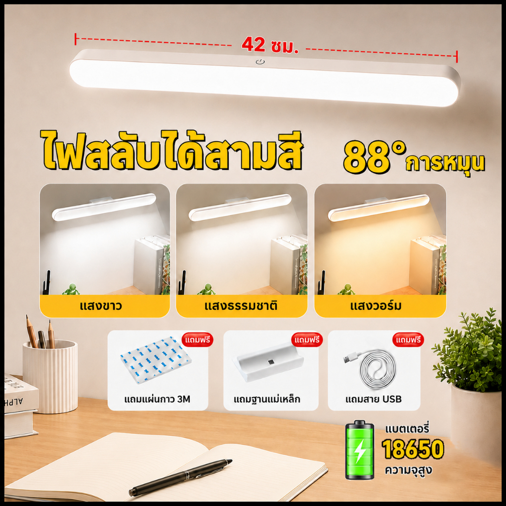 ไฟหอพัก โคมไฟLED 18000มิลลิแอมป์ ป้องกันตา โคมไฟตั้งโต๊ะชาร์จไฟได้ โคมไฟแม่เหล็ก ปรับแสงได้ 3
