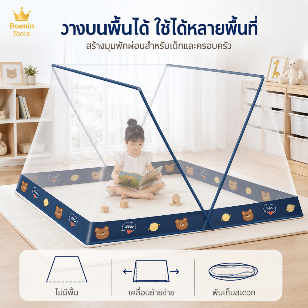BOENIN มุ้งพับได้ มุ้งกันยุง 3ฟุต 3.5ฟุต 5ฟุต 6ฟุต มุ้งครอบผู้ใหญ่ 1-3คน ป้องกันเด็กตกจากเตียง
