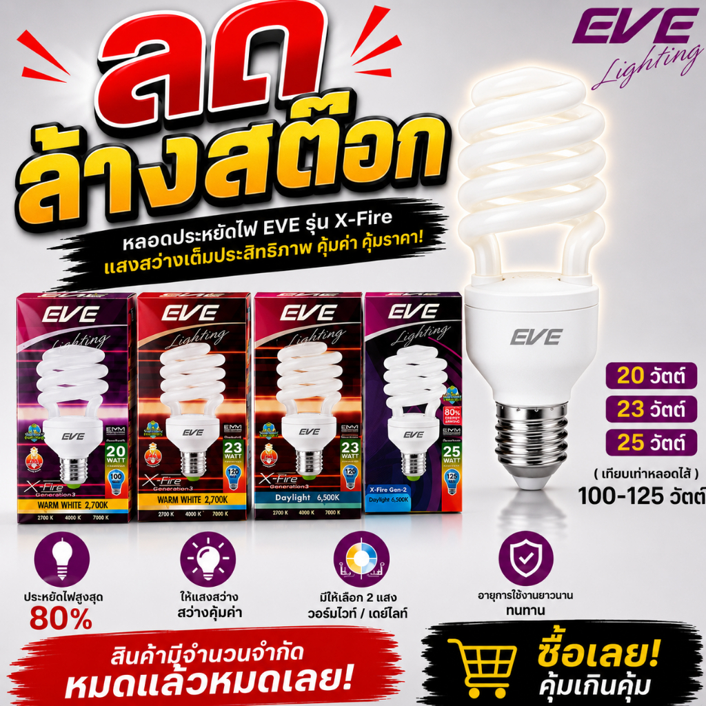 หลอดไฟลดล้างสต๊อก รุ่นEVE WARM WHITE2,700K 20,23W-Daylight 6,500K 23,25WATT