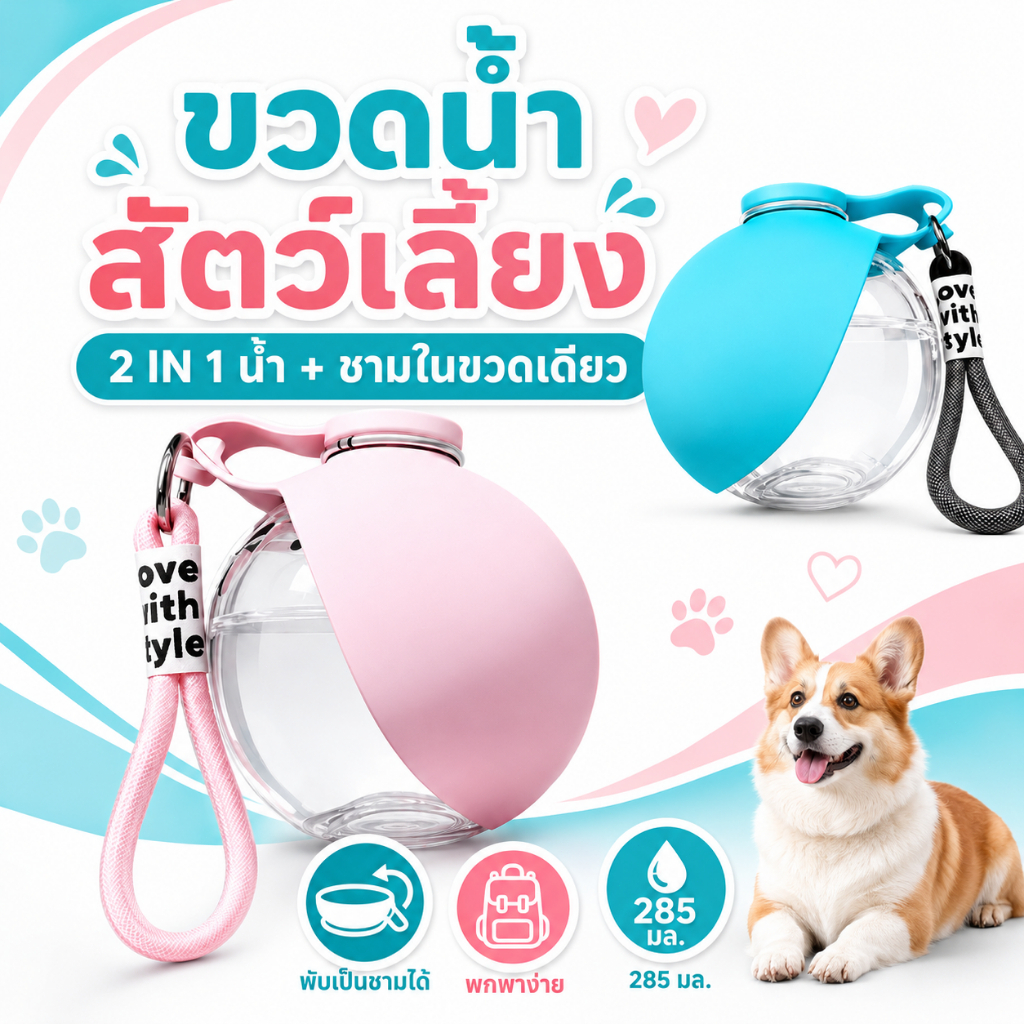 ขวดน้ำสัตว์เลี้ยงพกพา 2in1 ชามซิลิโคนพับได้ 285 มล. พร้อมสายคล้อง สำหรับสุนัขและแมว