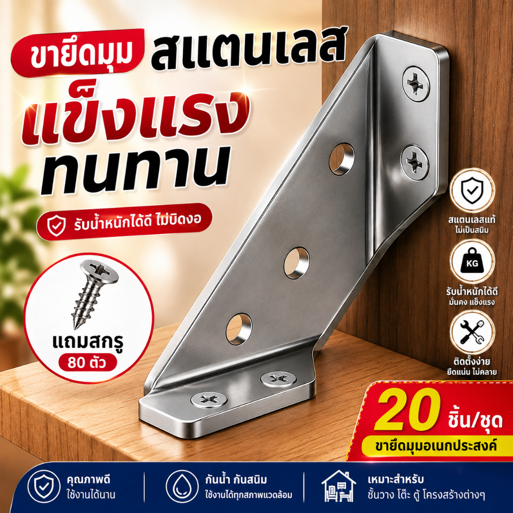 ฉากยึดมุมสแตนเลส แถมสกรู 80 ตัว กันน้ำ กันสนิม ทนการกัดกร่อน สำหรับยึดเฟอร์นิเจอร์ เสริมความแข็งแรงและรับน้ำหนัก