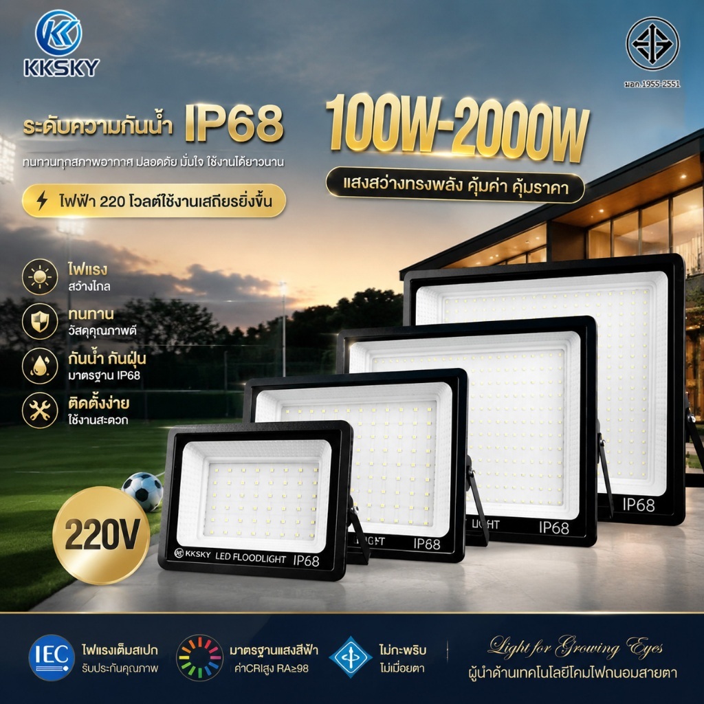 KKSKY สปอตไลท์ ซื้อ 1 แถม 1 สปอร์ตไลท์ LED 2000W โคมไฟฟลัดไลท์ กันน้ำ IP68 ไฟสว่าง Spotlight ไฟกลางแจ้ง ไฟสวน แสงขาว