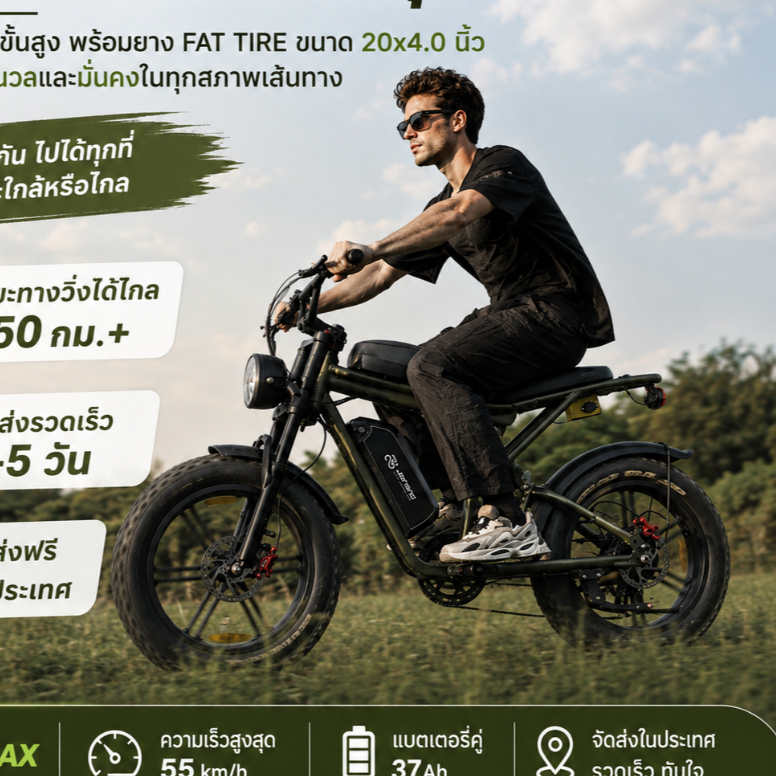JANSNO X80 Ebike Fat Tire จักรยานไฟฟ้า Max 55กม./ชม. แบตเตอรี่ถอดได้ 37Ah ระยะทาง 250กม.+ LCD Display ออฟโรด ท่องเที่ยว