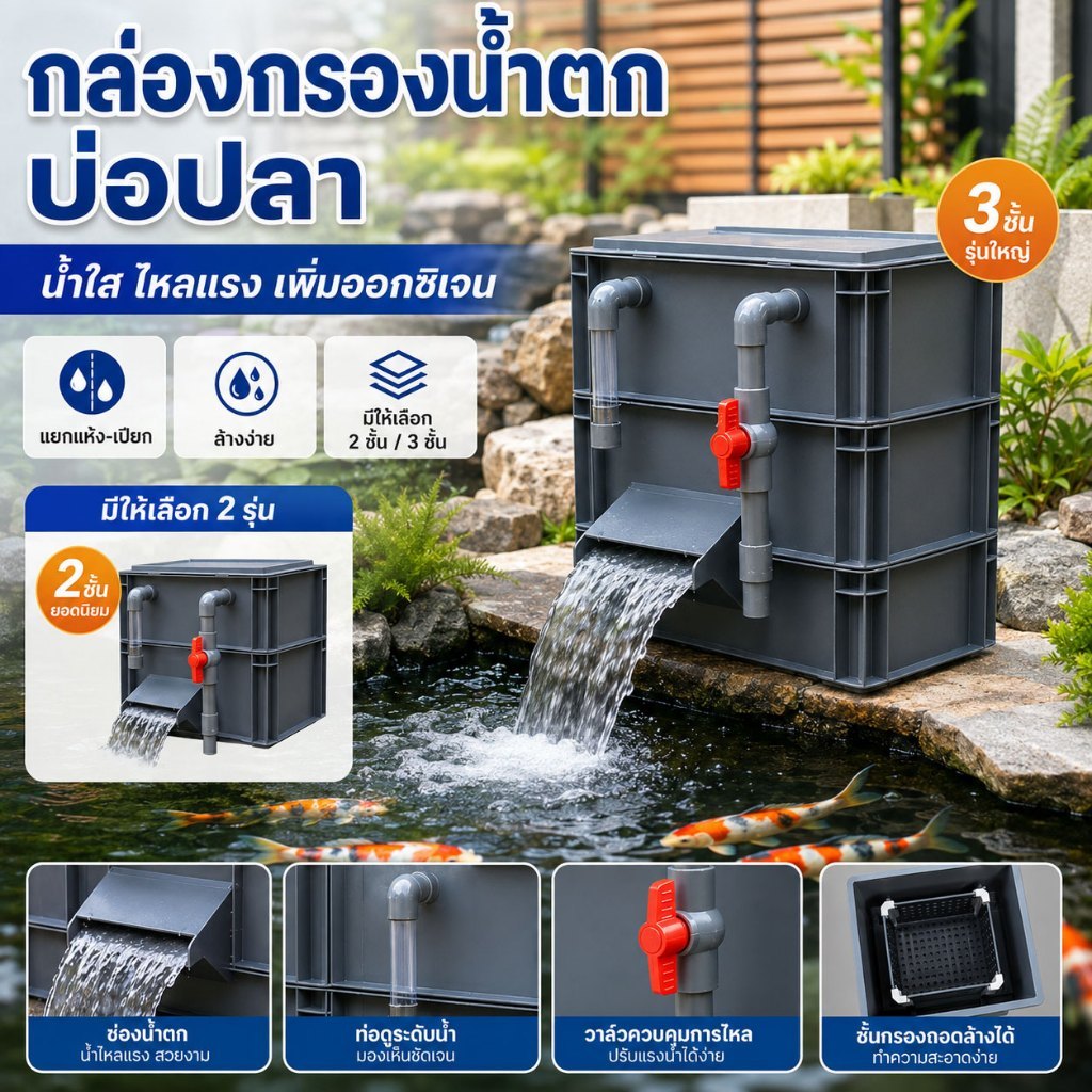 คอนโดกรองน้ำบ่อปลา กล่องกรองตู้ปลา 3ชั้น ระบบกรองกายภาพชีวภาพ เพิ่มออกซิเจน ปรับแรงน้ำได้ ทำน้ำใส สำหรับตู้ปลาบ่อปลา