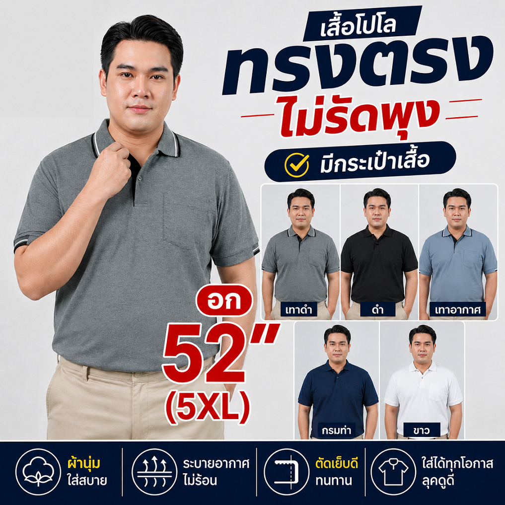 ANAเสื้อโปโล ผู้ชายอ้วน 5XL(52") เสื้อมีกระเป๋า ผ้านิ่ม ไม่รัดพุง