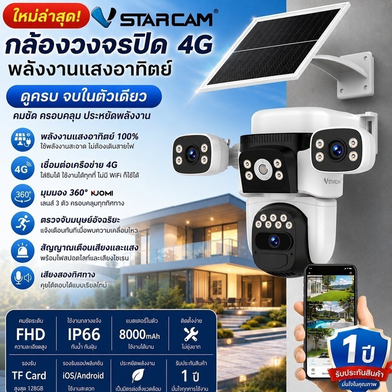 VSTARCAM BG621SR 4G LTE SIM / CB621SR WiFi SUPER HD 1296P 3MP x 3 เลนส์กล้อง กล้องวงจรปิดโซล่าเซลล์
