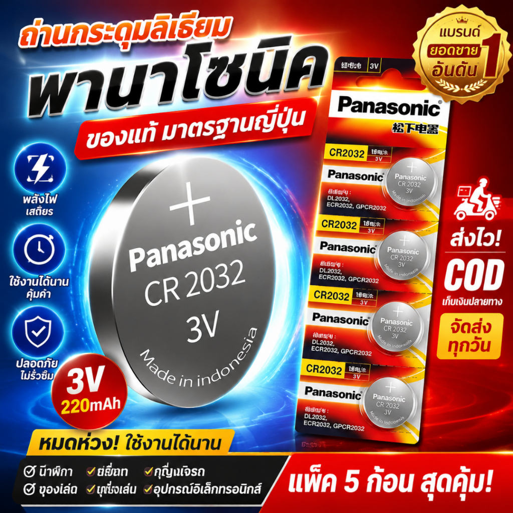 Panasonic ถ่านกระดุม 3V CR2032.แบตเตอรี่.แบตเตอรี่แบบกระดุม.ถ่านรีโมทกุญแจรถ CR2032.ถ่าน CR2032 แพ็ค