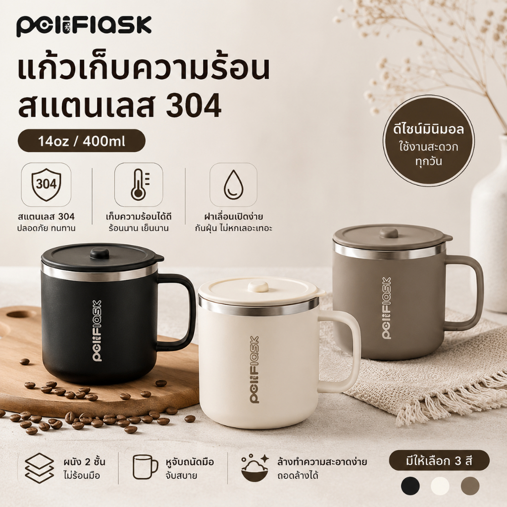 Peliflask แก้วเก็บอุณหภูมิ 400ml สแตนเลส 304 แก้วกาแฟมีหูจับ ฝาเลื่อนเปิดปิด กันฝุ่น ใช้ได้ทั้งร้อนและเย็น