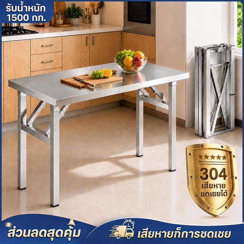 หนา4CM โต๊ะพับ 304โต๊ะพับสแตนเลส พกพาได้ รับน้ำหนักได้1500KG ใช้ในบ้าน โต๊ะสแตนเลส Folding Table