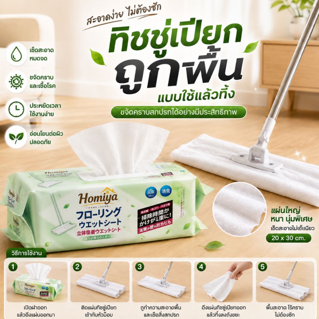 【COD】HOMIYA ผ้าเปียกถูพื้นแบบใช้แล้วทิ้ง 1 ห่อ ชุดทดลอง เช็ดฝุ่นและคราบง่าย สั่งวันนี้แถมไม้ถูพื้น