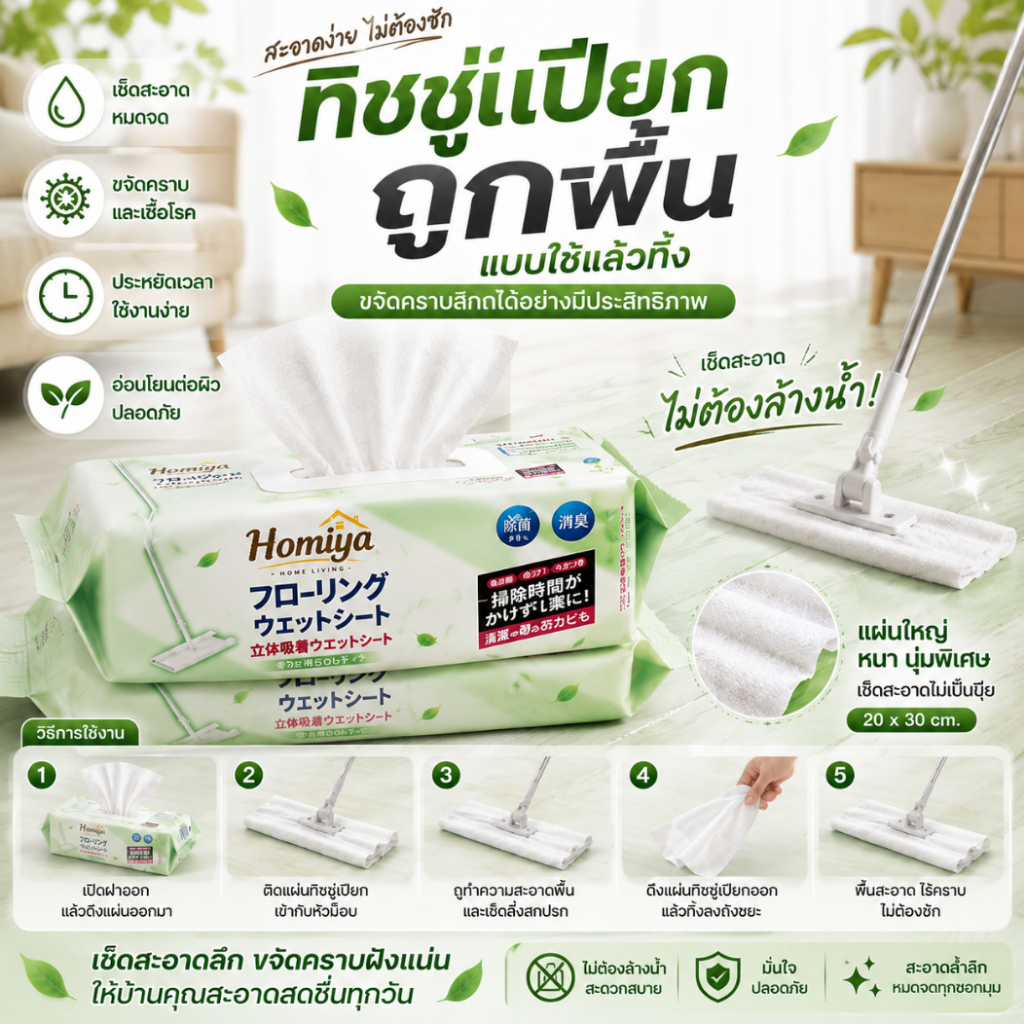 【COD】HOMIYA ผ้าเปียกถูพื้นแบบใช้แล้วทิ้ง 2 ห่อ ชุดประหยัด เช็ดฝุ่น คราบ และเส้นผม สั่งวันนี้แถมไม้ถูพื้น